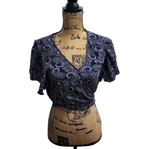 Lily White Navy‎ Blue Paisley Wrap Crop Top Short Sleeve Blouse XS